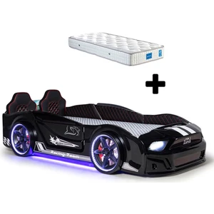 Siyah Arabalı Yatak Kapıları Açılan Mustang Full Ledli Kumandalı ve Müzikli + Ortopedik Yatak