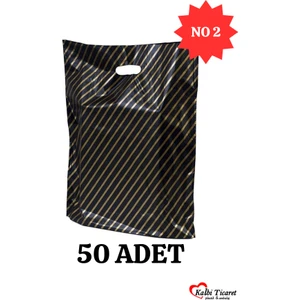 Kalbi Ticaret Siyah Takviyeli Mağaza Poşeti 50 Adet (No 2) 26x38 cm Çizgili Diagonal Poşet