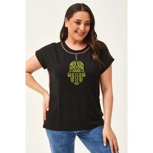 Kadın Büyük Beden El Nakış Detaylı Siyah Bluz