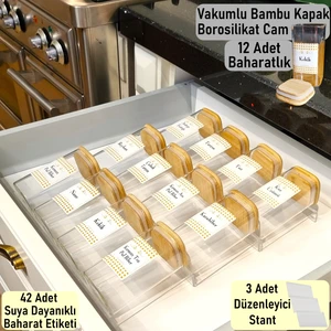 Color House 12 Adet Bambu Vakumlu Kapaklı 300 ml Borosilikat Cam Baharatlık Kavanoz ve 3 Adet Düzenleyici Pleksi Stant ( 30 cm * 13 cm x3 )