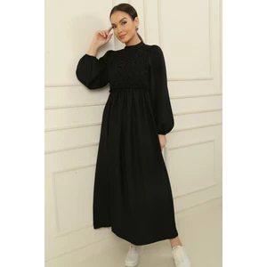 Saygı Giyim Güpürlü Keten Efekt Uzun Elbise