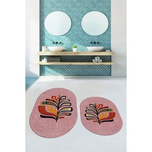 Evdeya Dijital Baskılı Yıkanabilir Renkli Yaprak Desen Ikili Banyo Halısı Oval, Klozet-27-Pembe,