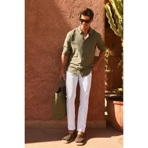 ALTINYILDIZ CLASSICS Erkek Haki Slim Fit Dar Kesim Düğmeli Yaka %100 Pamuk Gömlek