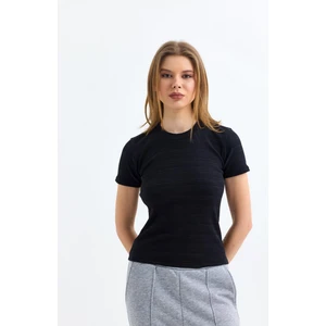 Siyah Bisiklet Yaka Kısa Kollu Kaşkorse Bluz