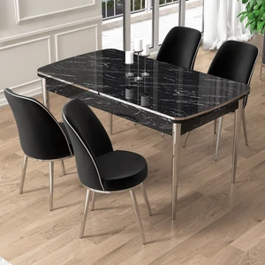Pale Serisi 80X132 Açılabilir Siyah Mermer Desen Mutfak Masa Takımı 4 Sandalye Krom Detay