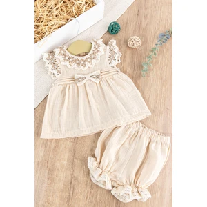 Güpürlü Müslin Kız Bebek Elbise Bebek 2'li Takım