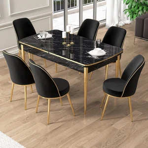 Pale Serisi 80X132 Açılabilir Siyah Mermer Desen Mutfak Masa Takımı 6 Sandalye Gold Detay