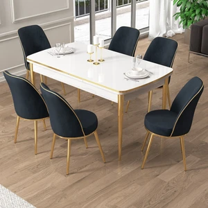Pale Serisi 80X132 Açılabilir Beyaz Mutfak Masa Takımı 6 Sandalye Gold Detay