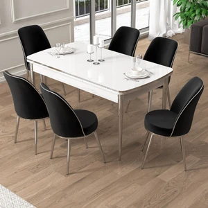Pale Serisi 80X132 Açılabilir Beyaz Mutfak Masa Takımı 6 Sandalye Krom Detay