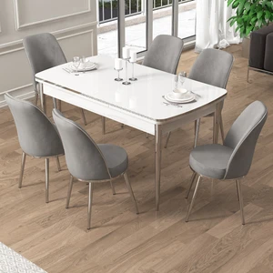 Pale Serisi 80X132 Açılabilir Beyaz Mutfak Masa Takımı 6 Sandalye Krom Detay