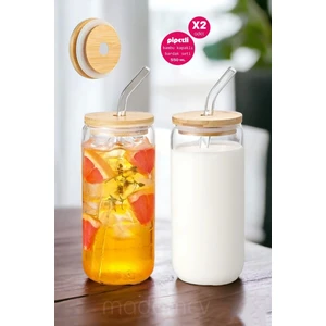 2li Bambu Kapaklı Pipetli Isıya Dayanıklı Cam Bardak 550 ml Kola Kutu Şekilli Kahve Sunum Bardağı