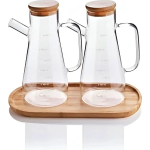 Bambu Kapaklı Cam Yağdanlık Vakumlu Ahşap Stantlı Sirkelik Zeytinyağı Şişesi Yağlık 900 ml 3'lü Set