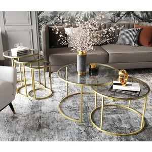 Milas Gold Orta ve Zigon Sehpa Seti - Füme Cam