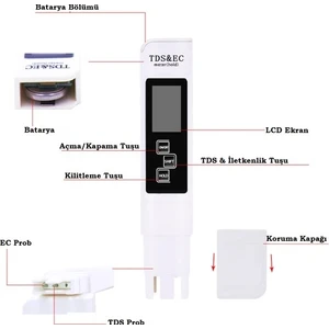 Tds & Ec Metre LCD Ekranlı LED Işıklı Taşınabilir Su Kalite Analiz Cihazı
