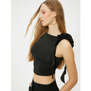 Fırfırlı Crop Üst Kolsuz Drape Detaylı Bisiklet Yaka Slim Fit