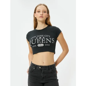 Crop Baskılı Tişört Bisiklet Yaka Kısa Kollu Pamuklu Slim Fit