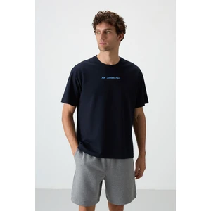 Air Jones Lacivert Pamuklu Kalın Yüzeyi Dokulu Oversize Fit  Baskılı Erkek T-Shirt - 88364