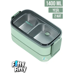 1400 ml Iki Kat Üç Bölme Paslanmaz Çelik Bento Lunch Box Yeni Nesil Sefer Tası -Çatal/kaşıklı MODEL-FFBL50002