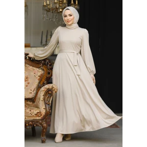 Neva Style Kemerli Bej Tesettür Elbise 23101BEJ