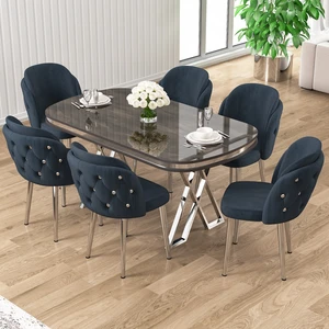 Zae Serisi 90X168 Lak Panel Antrasit Ironi gümüş Ayak Masa Takımı 6 Sandalye