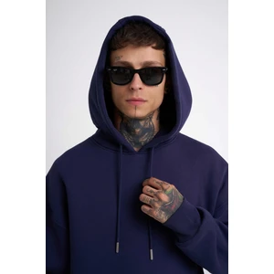 Erkek Basic Solid Kapüşonlu Oversize Lacivert Sweatshirt