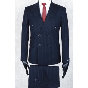 Jan Carlucci Slim Fit Geniş Sivri Yaka-Çift Yırtmaç Lacivert Çizgili Çift Cep Kruvaze Drop 6 Takım Elbise