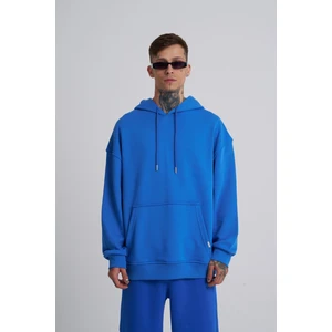 Erkek Kapüşonlu Oversize Saks Sweatshirt