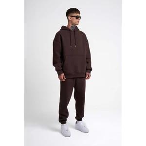 Erkek Basic Solid Kapüşonlu Oversize Kahverengi Sweatshirt