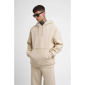 Erkek Basic Kapüşonlu Oversize Açık Bej Sweatshirt
