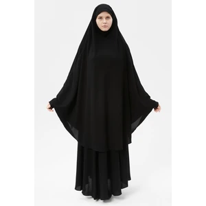 Kadın Tesettür Medine Ipeği Çarşaf Takımı Peçeli Sufle ve Etek-Siyah-L/XL