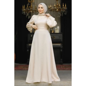 Neva Style Boncuk Detaylı Bej Tesettür Abiye Elbise 23301BEJ