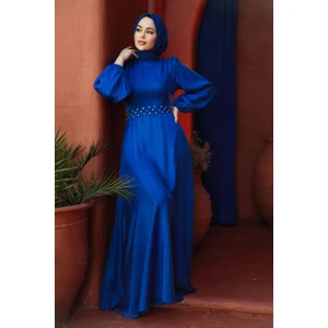 Neva Style Boncuk Detaylı Sax Mavisi Tesettür Abiye Elbise 23301SX
