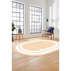 Evdeya Baskılı Kaymaz Yıkanabilir Şık Mermer Desenli Oval Mutfak Yolluk Salon Halısı, O-Mermer-06-Krem,