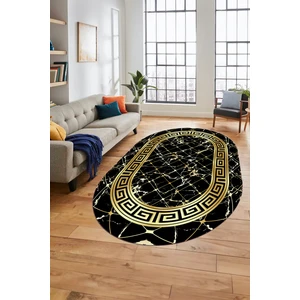 Evdeya Çerçeveli Mermer Desen Dijital Kaymaz Yıkanabilir Oval Yolluk Salon Halısı, O-Mermer-18-Siyah,