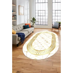 Evdeya Çerçeveli Mermer Desen Dijital Kaymaz Yıkanabilir Oval Yolluk Salon Halısı, O-Mermer-18-Beyaz,