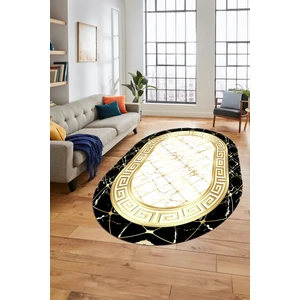 Evdeya Çerçeveli Mermer Desen Dijital Kaymaz Yıkanabilir Oval Yolluk Salon Halısı, O-Mermer-18-Gold,