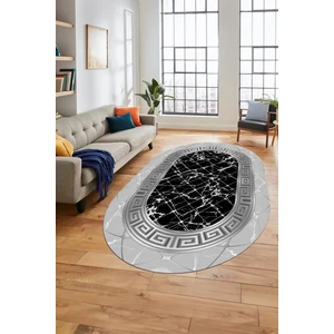 Evdeya Çerçeveli Mermer Desen Dijital Kaymaz Yıkanabilir Oval Yolluk Salon Halısı, O-Mermer-18-Gri,