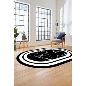Evdeya Baskılı Kaymaz Yıkanabilir Şık Mermer Desenli Oval Mutfak Yolluk Salon Halısı, O-Mermer-06-Siyah,