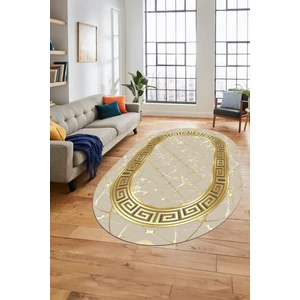 Evdeya Çerçeveli Mermer Desen Dijital Kaymaz Yıkanabilir Oval Yolluk Salon Halısı, O-Mermer-18-Vizon,