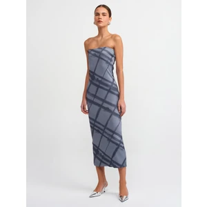 90183 Straplez Ekose Baskılı Triko Elbise-Füme