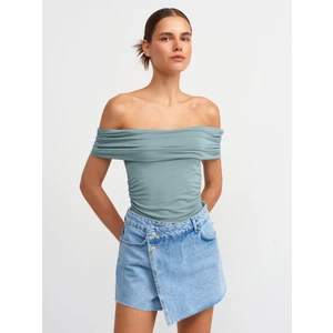 30902 Omuzları Açık Büzgülü Top-Yeşil