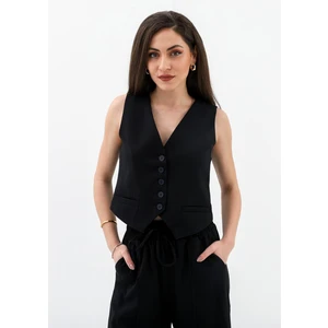 Cepleri Pensli Düğmeli Poliviskon Yelek - Siyah