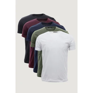 Erkek Slim Fit Dar Kesim Bisiklet Yaka 5'li Basic Tişört Paketi Çok Renkli