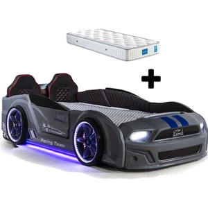 Gri Arabalı Yatak Kapıları Açılan Mustang Full Ledli Kumandalı ve Müzikli + Ortopedik Yatak