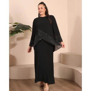 Kadin Buyuk Beden Abiye Elbise İnce Tas Baskılı Tesettur Abiye Takım