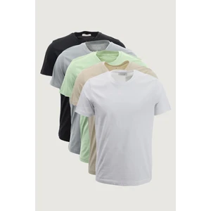 Erkek Slim Fit Dar Kesim Bisiklet Yaka 5/'li Basic T-Shirt Paketi Yeşil