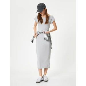 Kalem Elbise Midi Boy Slim Fit Kısa Kollu Kayık Yaka