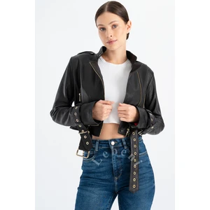 Crop Deri Ceket - Kısa Deri Ceket Hakiki Deri Biker Ceket Çapraz Fermuar Kuşgözü Yaka