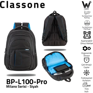 Milano BP-L100-PRO Su Gerçirmez Kumaş ve Fermuar Notebook ,laptop, Sırt Çantası -Siyah
