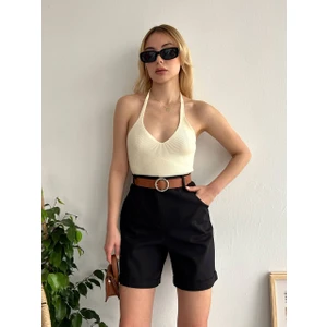 Kemerli Gabardin Kadın Şort